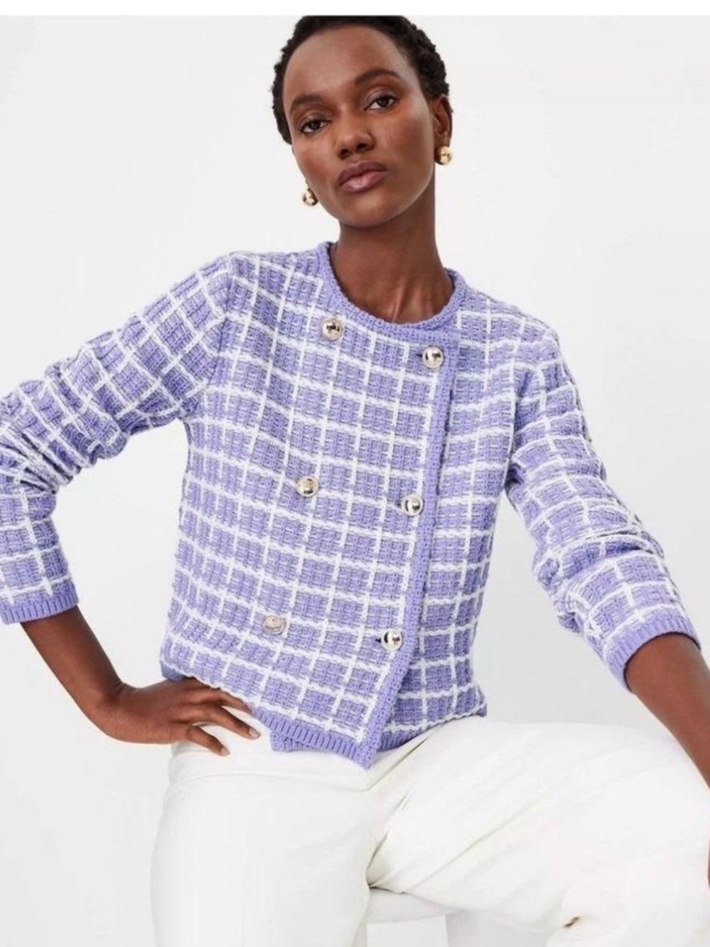 Ann Taylor Lavender & White Double-Breasted Knit Cardigan Jacket